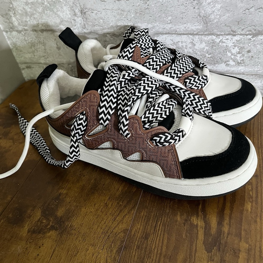 Steve Madden Roaring Chunky Sneakers Women's 7.5 White Brown Black Chevron Laces